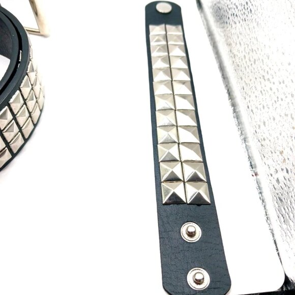Gothic Studded Vegan Leather Belt + Double Row Studded Bracelet Unisex -Black - Picture 12 of 12